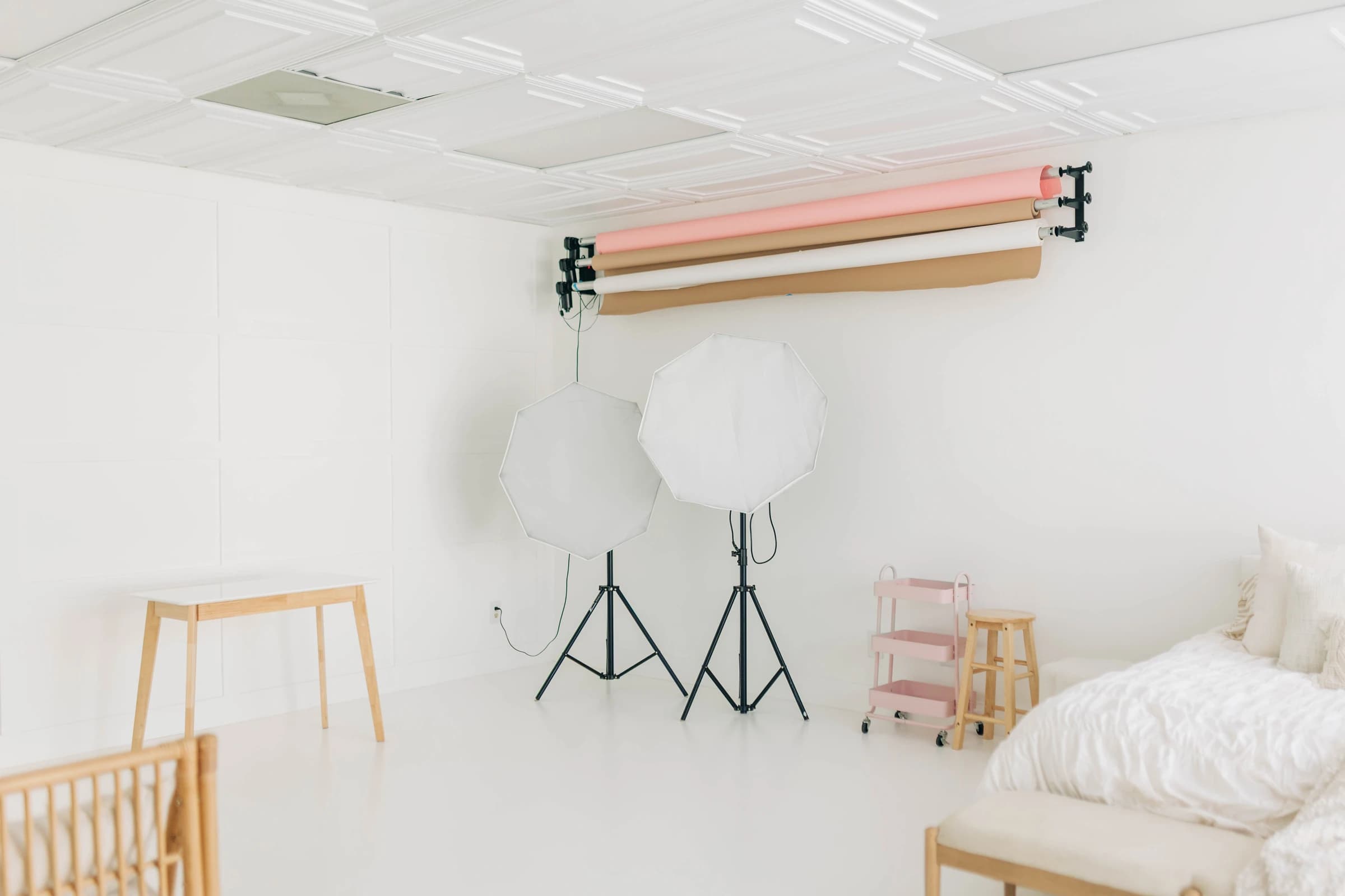 Studio A's seamless rolls, softbox, and styling cart, ready to pull into frame